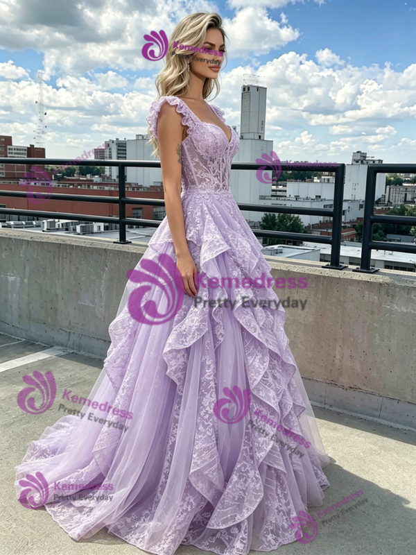 Purple Tulle Lace Straps Prom Dress