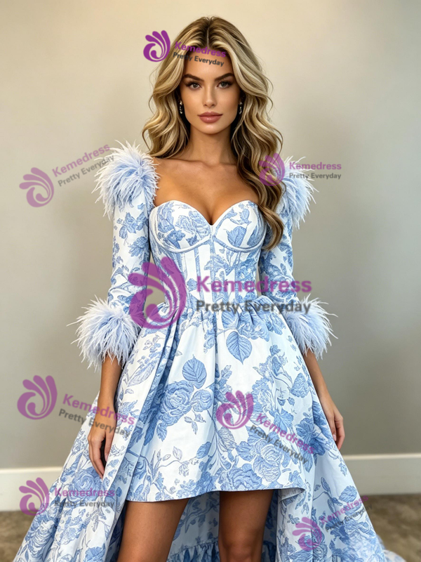 Long Sleeve Hi Lo Print Prom Dress