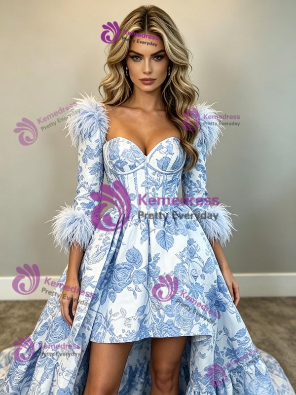 Long Sleeve Hi Lo Print Prom Dress