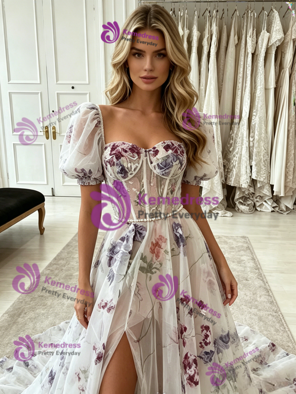 White Tulle Print Puff Sleeve Prom Dress