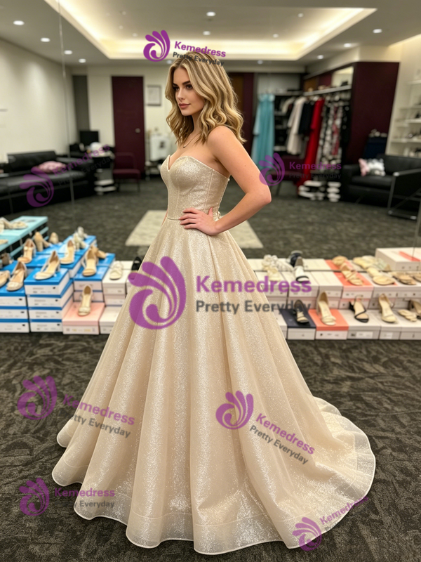 Champagne Sequins Strapless Prom Dress