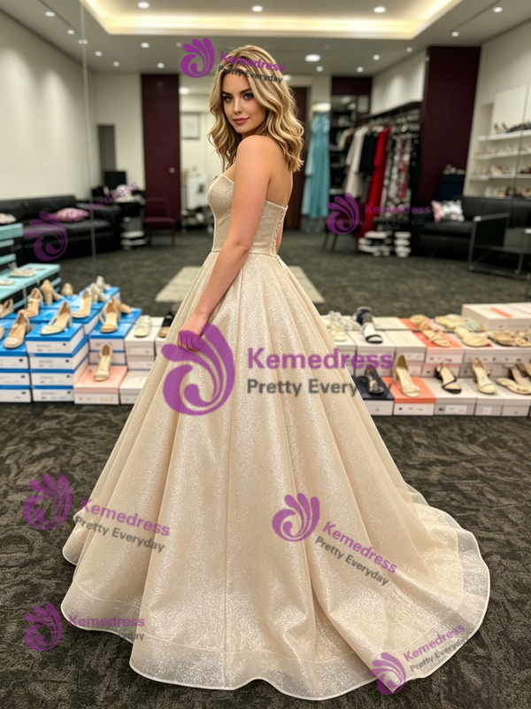 Champagne Sequins Strapless Prom Dress