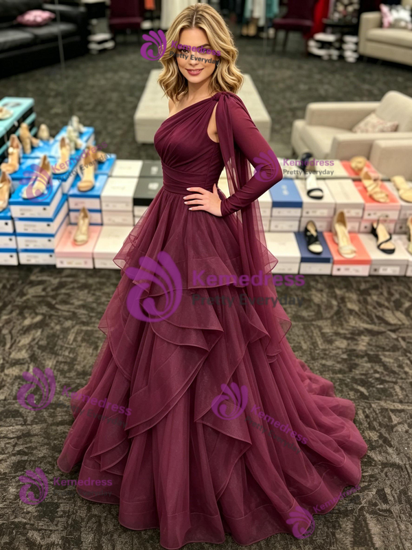 One Shoulder Long Sleeve Pleats Prom Dress