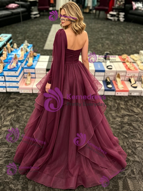 One Shoulder Long Sleeve Pleats Prom Dress