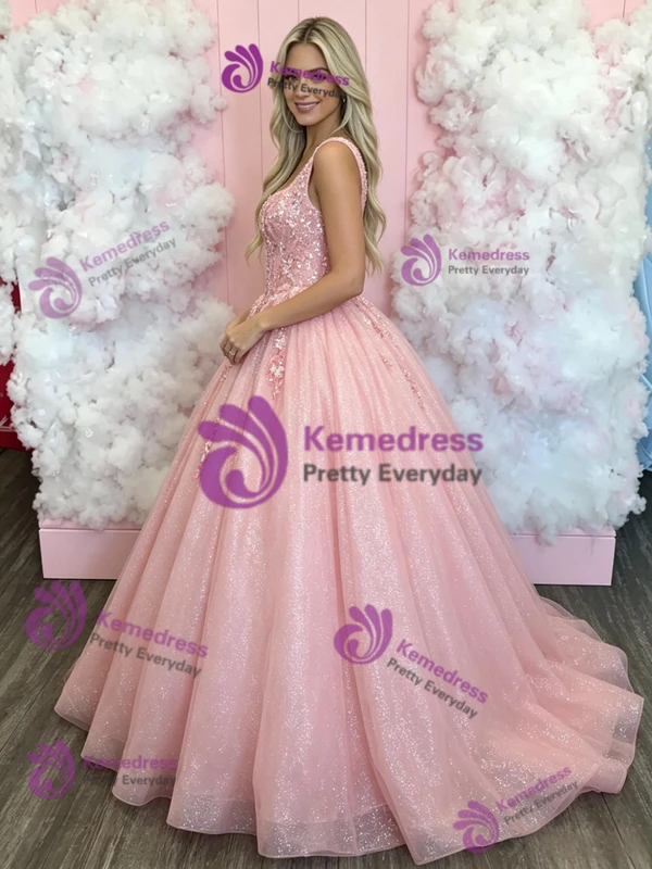 Pink Tulle Straps Appliques Prom Dress