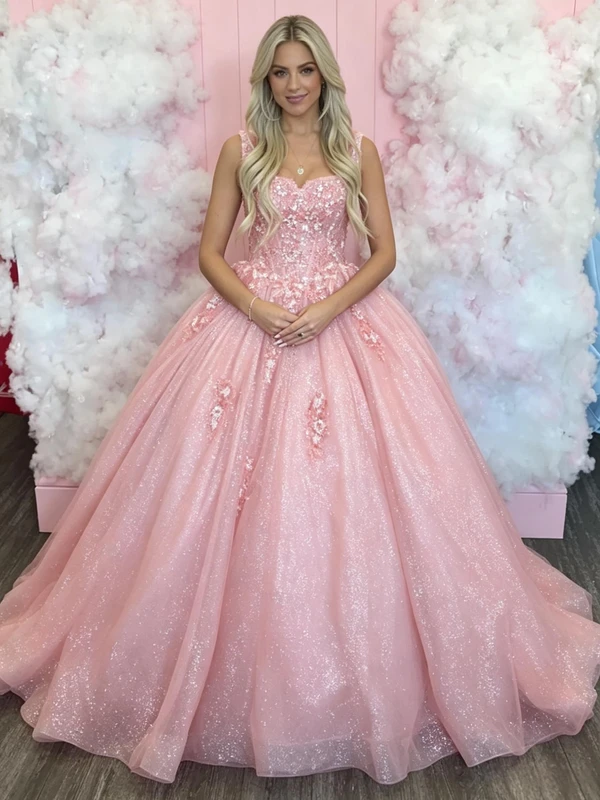 Pink Tulle Straps Appliques Prom Dress