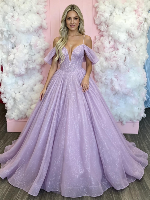 Purple Sequins Straps Prom Dress