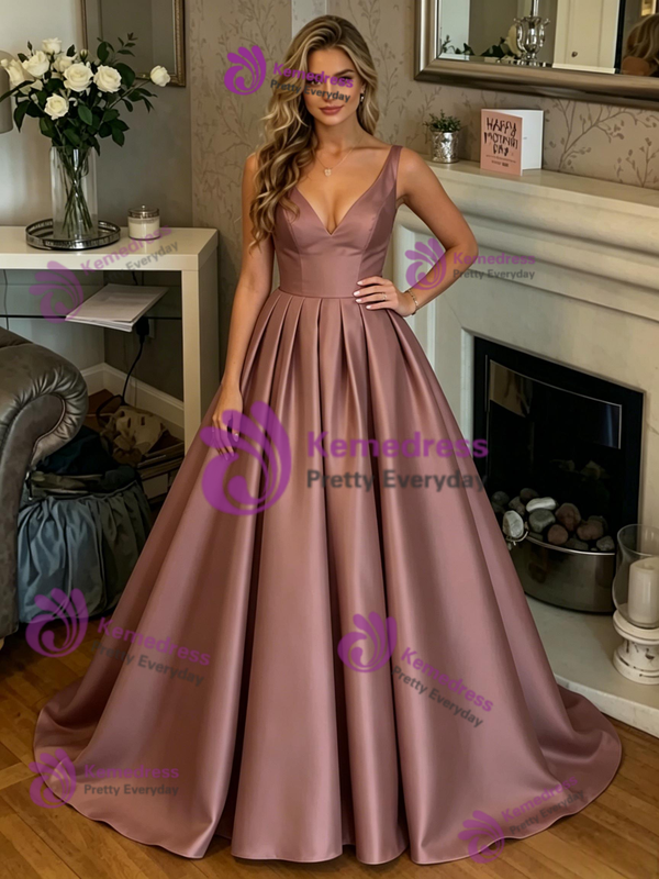 V-neck Satin Pleats Prom Dress