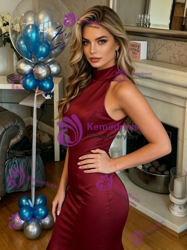 Burgundy Mermaid Satin Halter Prom Dress