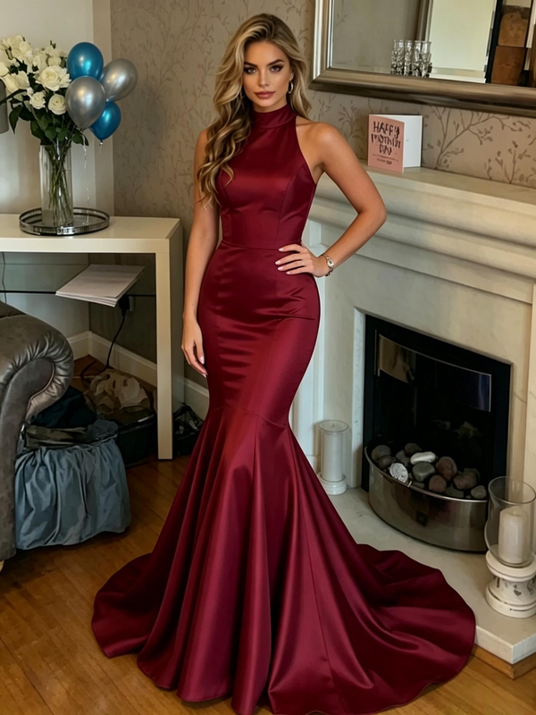 Burgundy Mermaid Satin Halter Prom Dress
