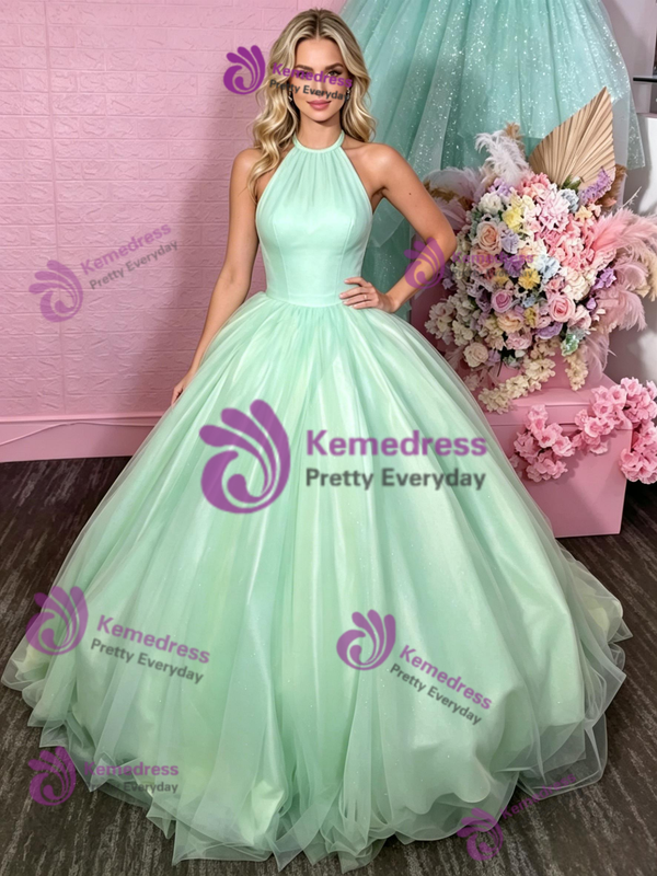 Green Tulle Halter Backless Prom Dress