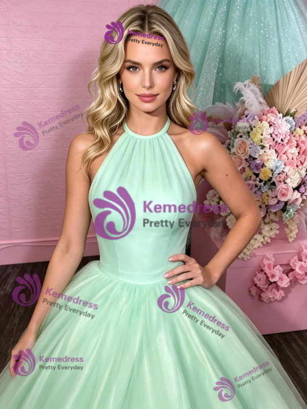 Green Tulle Halter Backless Prom Dress