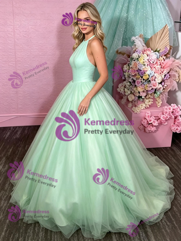 Green Tulle Halter Backless Prom Dress