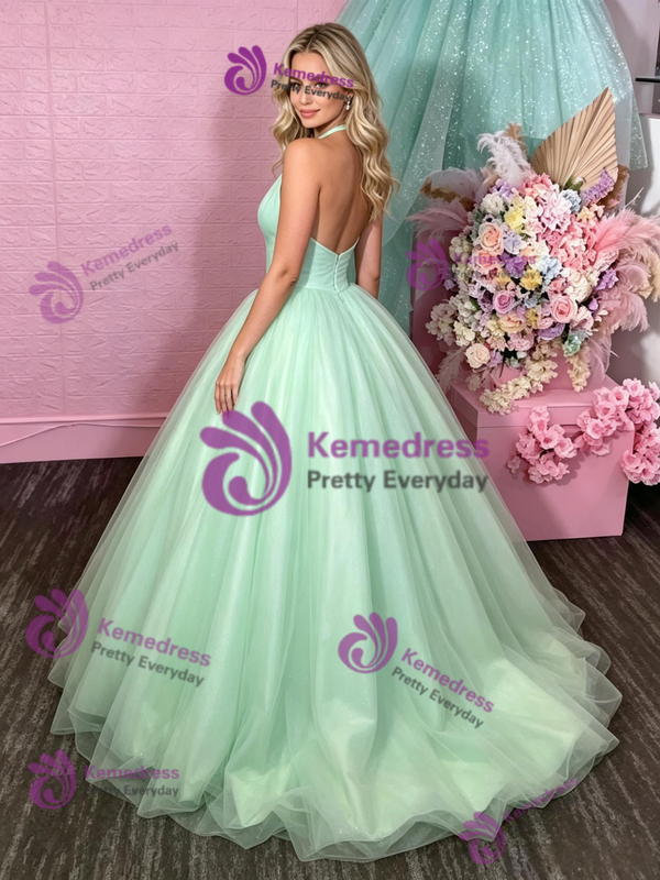 Green Tulle Halter Backless Prom Dress