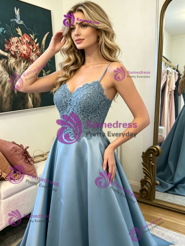 Blue Satin Spaghetti Straps Lace Prom Dress