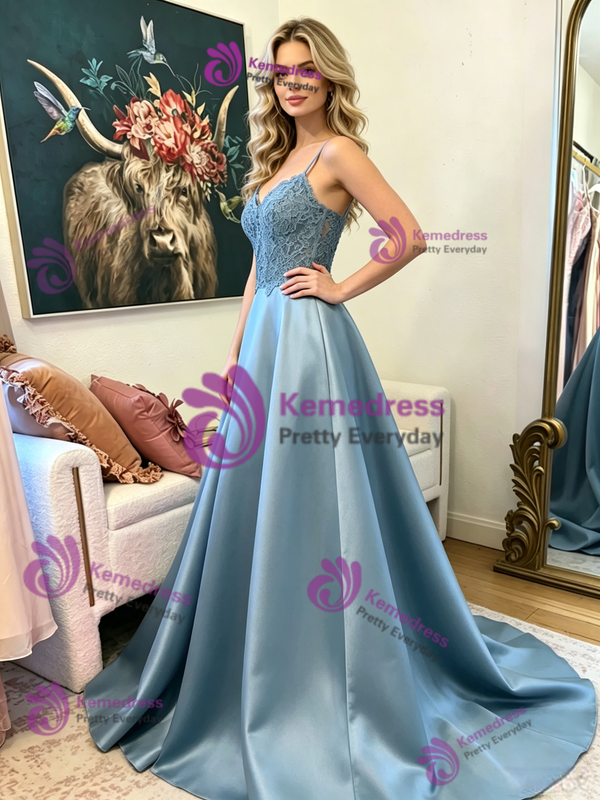 Blue Satin Spaghetti Straps Lace Prom Dress