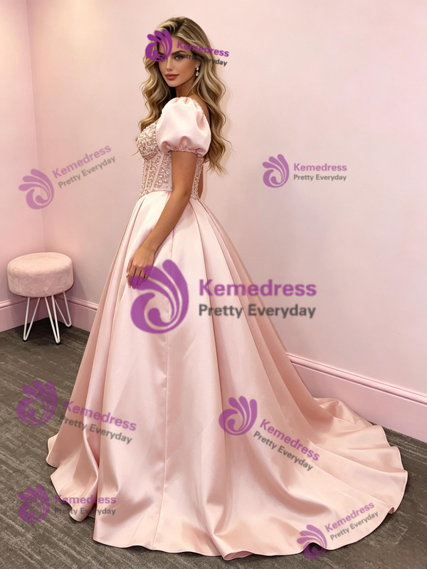 Pink Satin Puff Sleeve Sequins Prom Dress