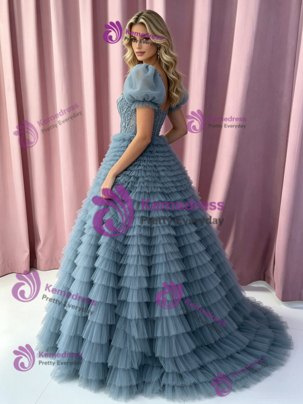 Blue Tulle Puff Sleeve Tiers Prom Dress