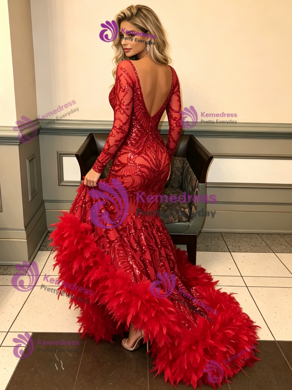 Red Mermaid Sequins Long Sleeve Prom Dress