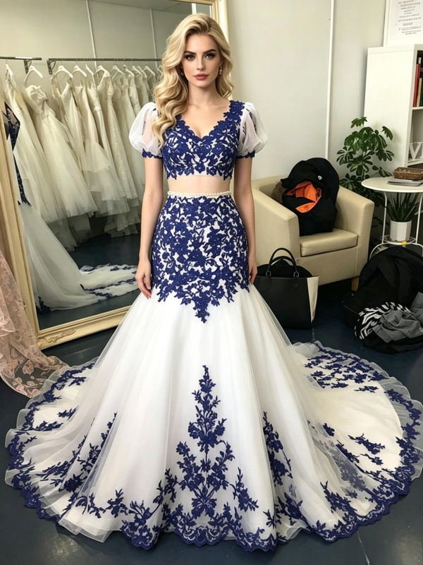 White Mermaid Tulle Appliques Puff Sleeve Prom Dress