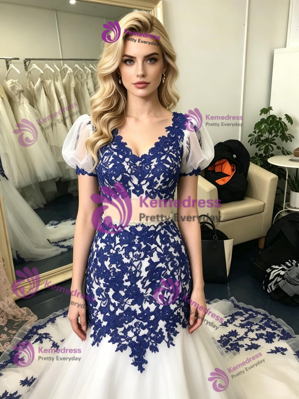 White Mermaid Tulle Appliques Puff Sleeve Prom Dress