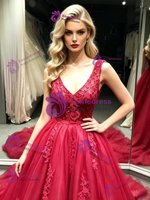 V-neck Tulle Lace Appliques Prom Dress