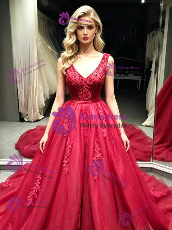 V-neck Tulle Lace Appliques Prom Dress