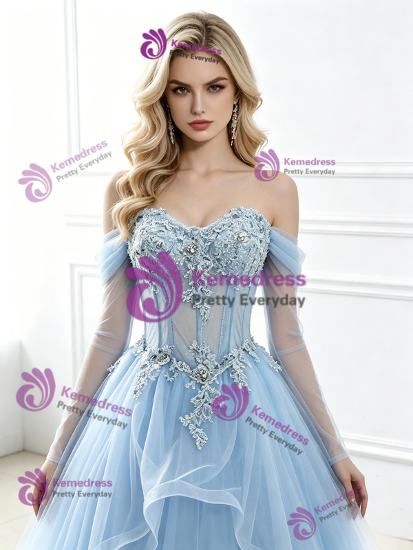 Blue Tulle Long Sleeve Appliques Prom Dress