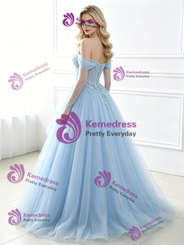 Blue Tulle Long Sleeve Appliques Prom Dress