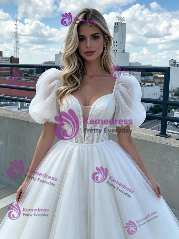 White Tulle Puff Sleeve Lace Prom Dress