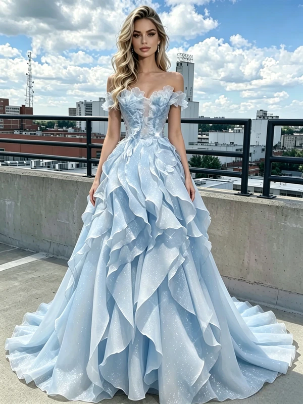 Blue Tulle Off the Shoulder Prom Dress