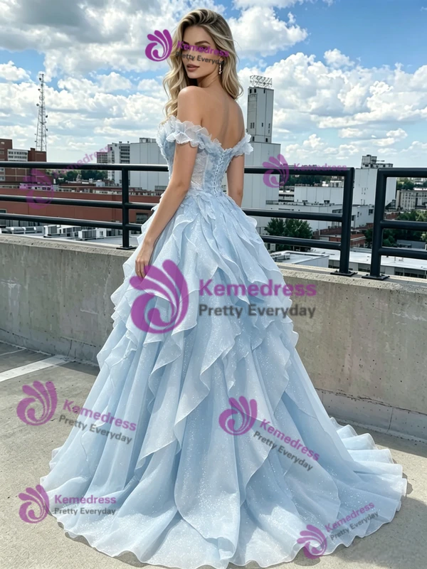 Blue Tulle Off the Shoulder Prom Dress