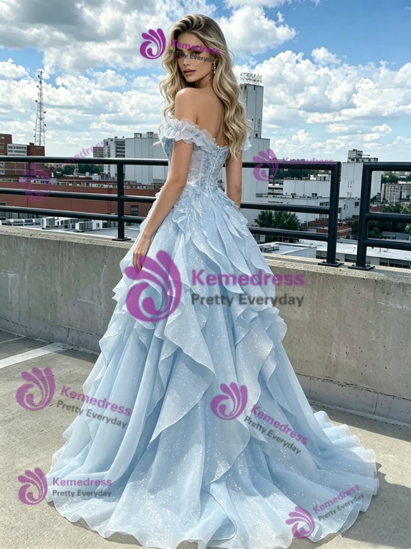 Blue Tulle Off the Shoulder Prom Dress
