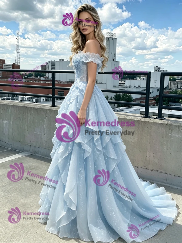 Blue Tulle Off the Shoulder Prom Dress
