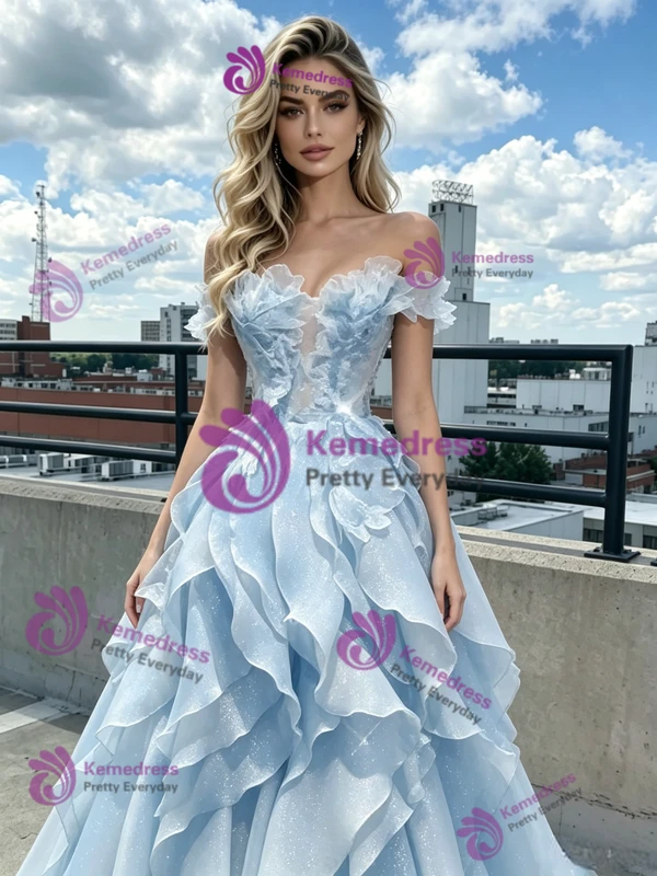 Blue Tulle Off the Shoulder Prom Dress
