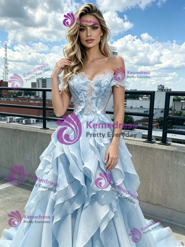 Blue Tulle Off the Shoulder Prom Dress