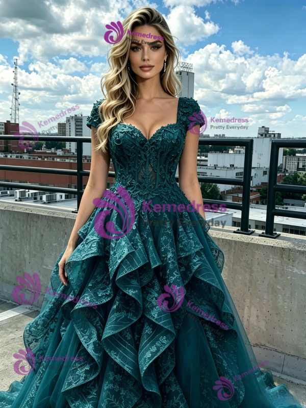 Blue Lace Square Neck Cap Sleeve Prom Dress