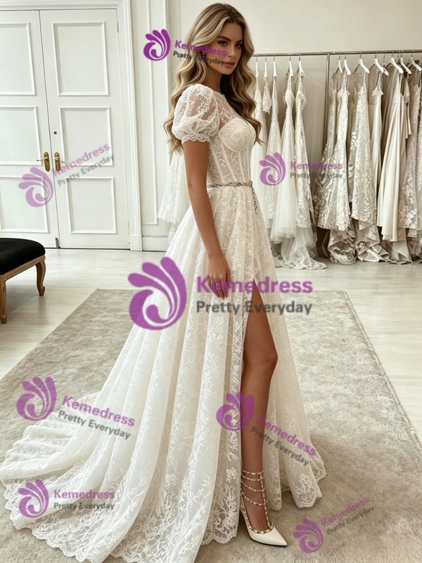 White Lace Puff Sleeve Split Prom Dress