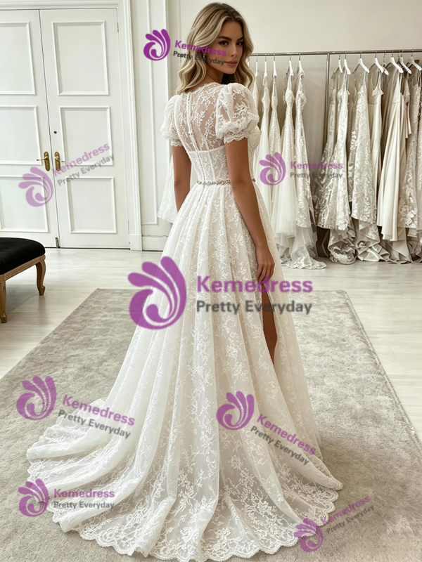 White Lace Puff Sleeve Split Prom Dress