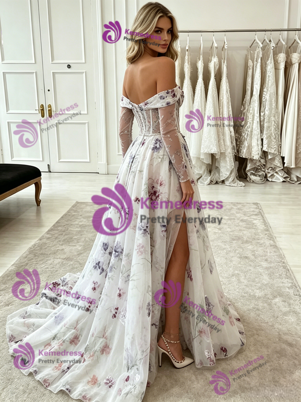 White Tulle Puff Sleeve Split Prom Dress