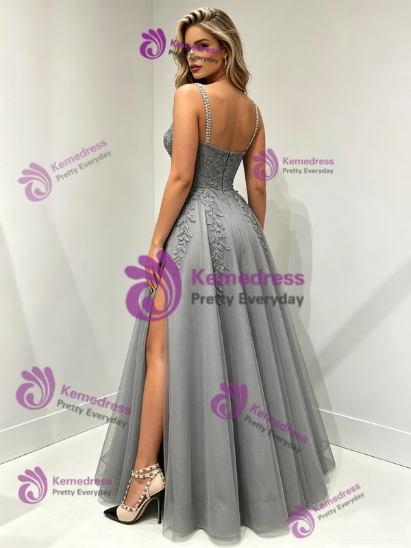 Gray Tulle Straps Appliques Prom Dress