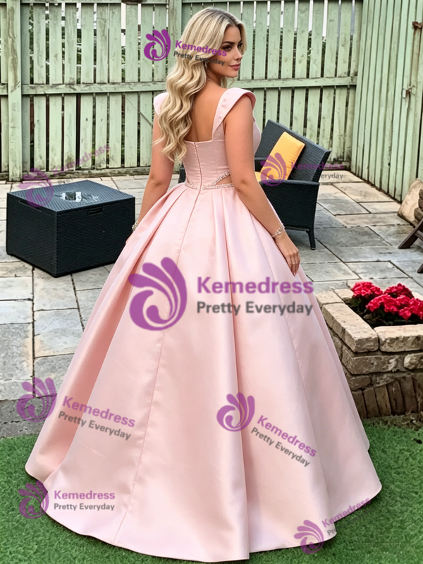 Pink Satin Straps Beading Prom Dress