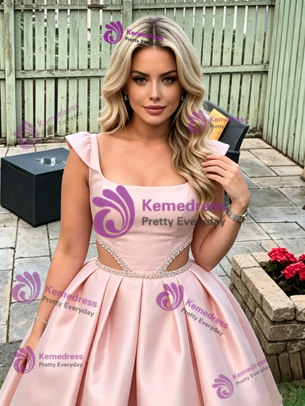 Pink Satin Straps Beading Prom Dress