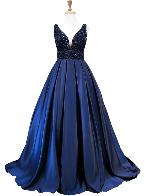 New Style Blue Satin Beading Bodice Backless Evening Dress Formal Gowns
