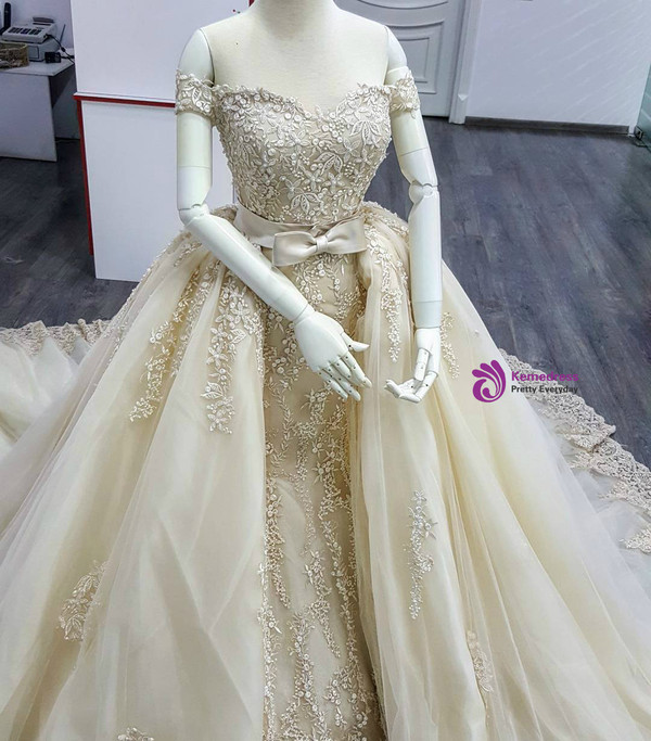 Champagne A line Appliques Lace Detachable Train With Bow Bridal Dresses