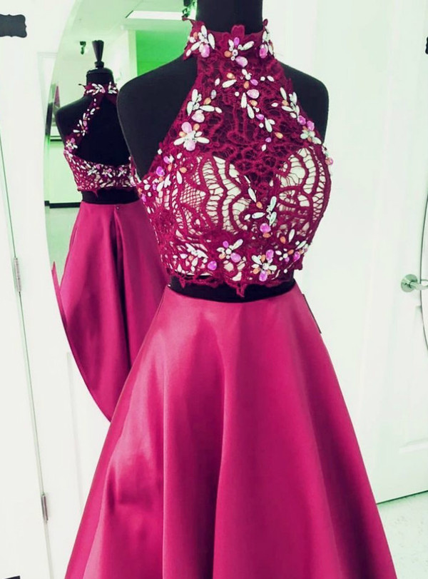Vintage High Neckline Two Piece Prom Dress,Appliqued Crystal Prom Dresses
