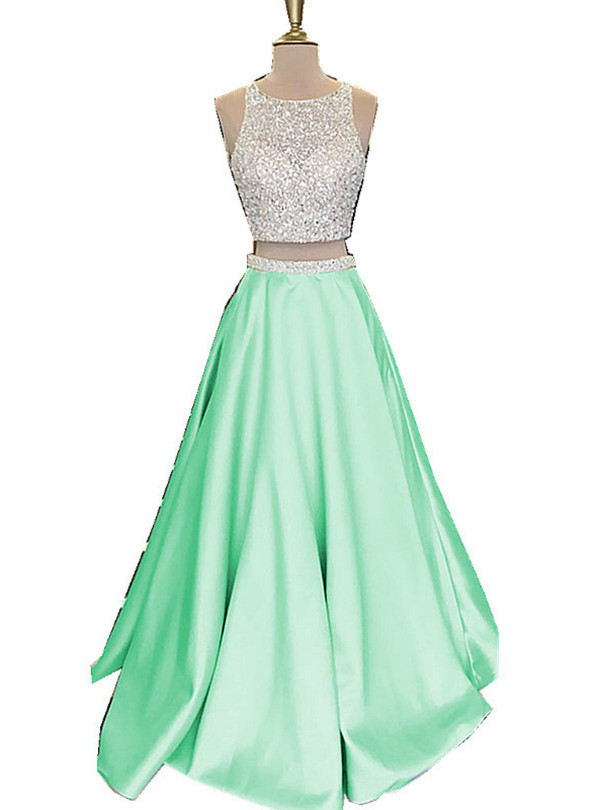 Two Piece Prom Dresses,Beautiful Open Back Sequins Mint Satin Prom Dresses Long