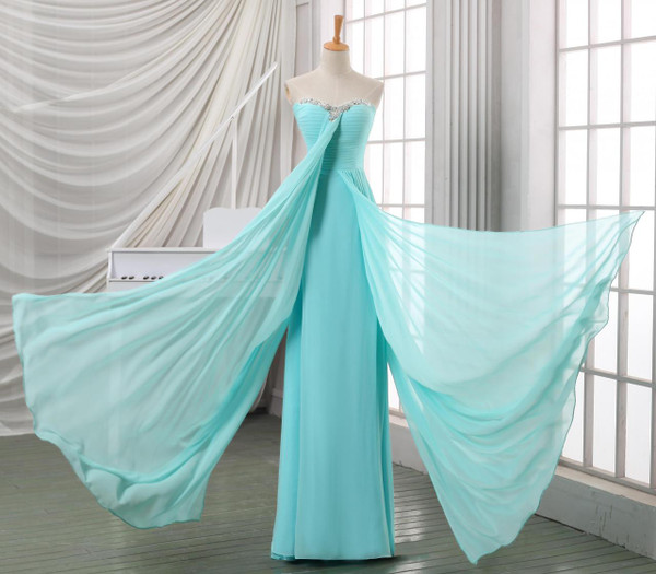 Long Blue Pleated Chiffon Sweetheart Neck Backless Prom Dresses