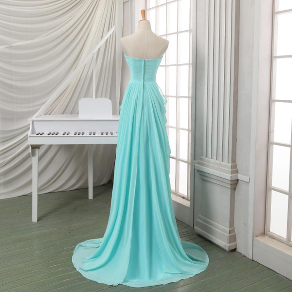 Long Blue Pleated Chiffon Sweetheart Neck Backless Prom Dresses