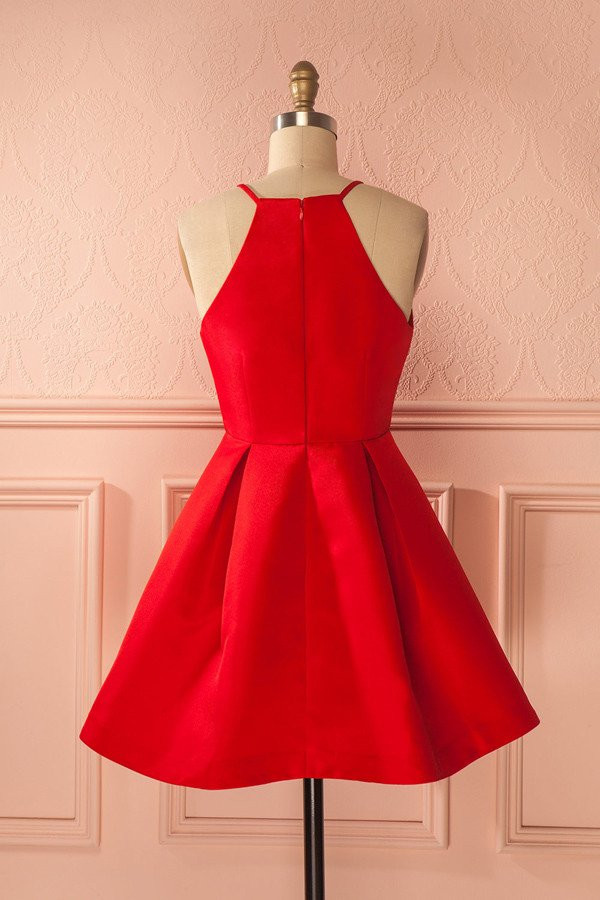 A-Line Halter Sleeveless Short Red Satin Homecoming Dress